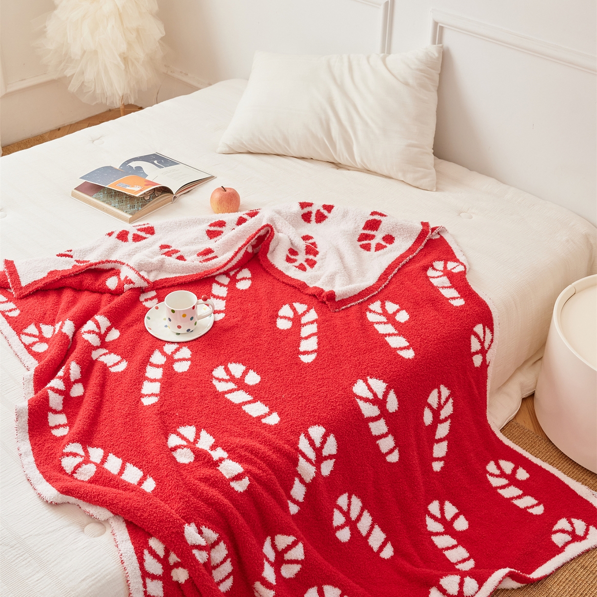 91家纺网 家纺一手货源 找家纺 （总）暖绵绵家纺 2025新款半边绒雪镜拐糖织梦毯-糖果拐杖（最低零售价： 75 *100cm： 94元 105*120cm：145元 120*180cm：188元）