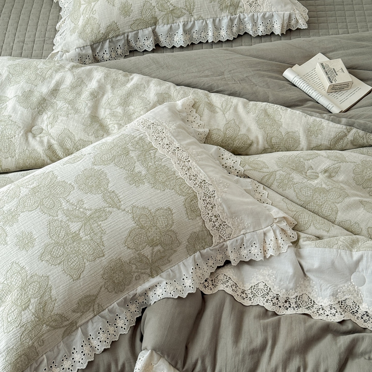 91家纺网 家纺一手货源 找家纺 汇庭 2025秋冬新款禾悦棉麻春秋春悦纱布床盖系列 禾悦绿