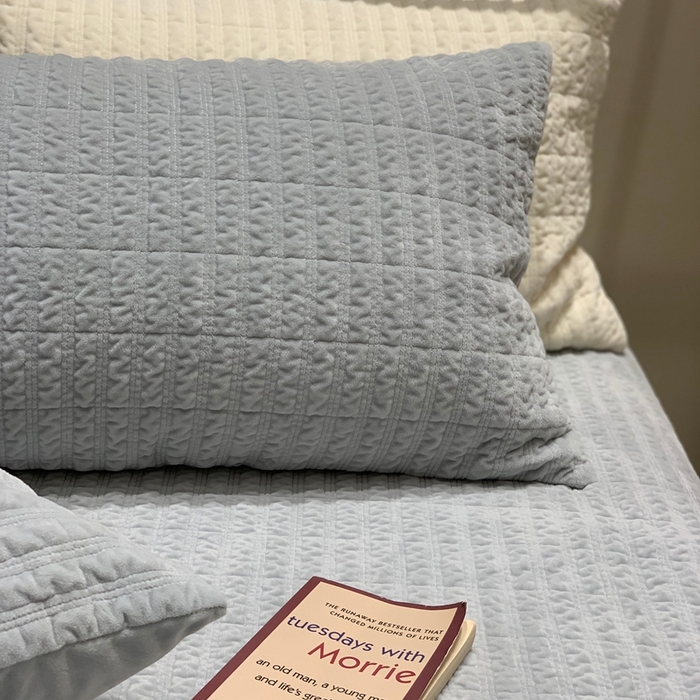 91家纺网 家纺一手货源 找家纺 汇庭 2025新款时尚条绒床盖三件套系列 时尚条蓝