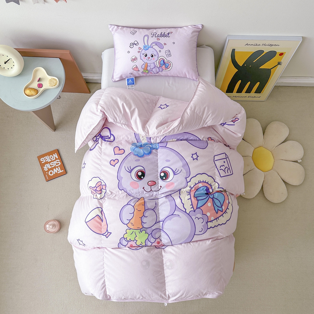 91家纺网 家纺一手货源 找家纺 暖羽屋羽绒馆 2025新款天丝儿童羽绒被鹅绒丝被芯1.5米儿童学生羽绒被 羽毛被冬被 春秋羽绒被子 紫色兔兔 带模特