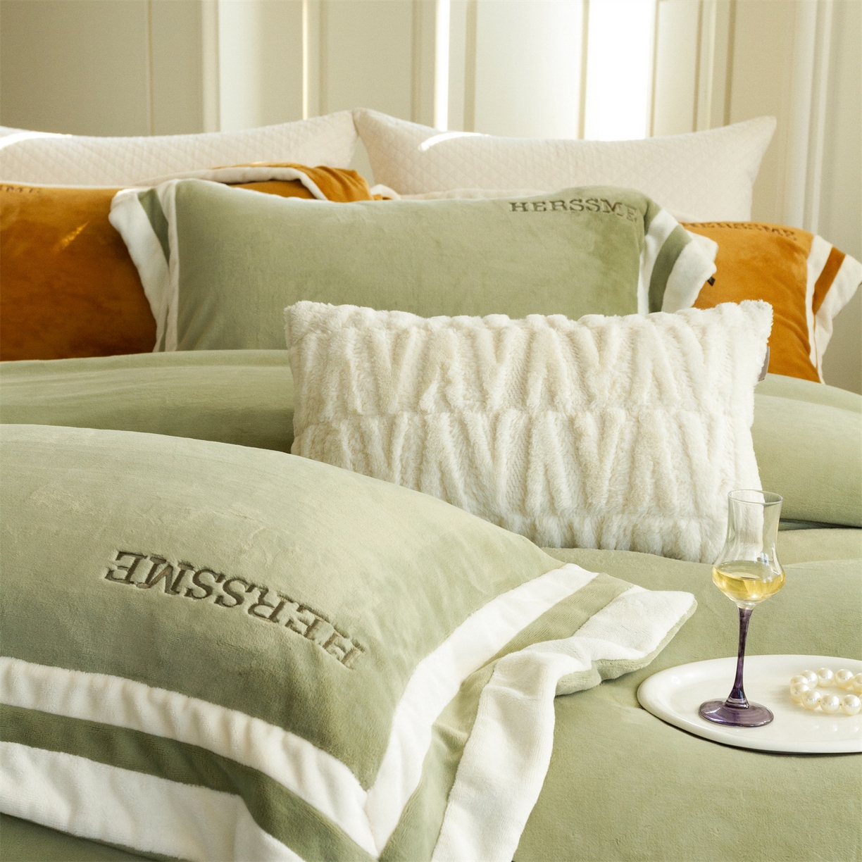 91家纺网 家纺一手货源 找家纺 馨蕊 2025新款秋冬轻奢煦暖绒牛奶绒四件套系列-绒巴黎 会员-10【券后控价358/378】 绒巴黎-灰湖绿