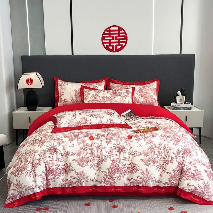 91家纺网 家纺一手货源 找家纺 花愿 2025新款婚庆大版印花四件套 幸福之约