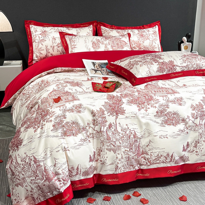 91家纺网 家纺一手货源 找家纺 花愿 2025新款婚庆大版印花四件套 浪漫庄园