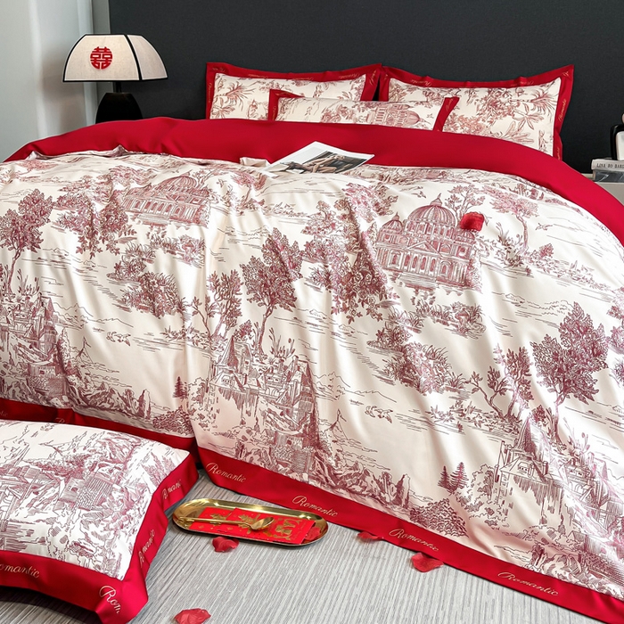 91家纺网 家纺一手货源 找家纺 花愿 2025新款婚庆大版印花四件套 浪漫庄园