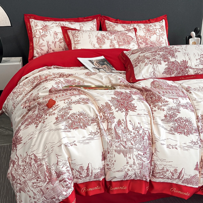 91家纺网 家纺一手货源 找家纺 花愿 2025新款婚庆大版印花四件套 浪漫庄园