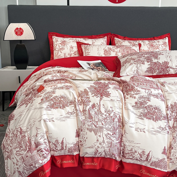 91家纺网 家纺一手货源 找家纺 花愿 2025新款婚庆大版印花四件套 浪漫庄园