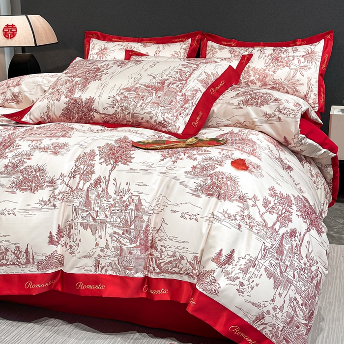 91家纺网 家纺一手货源 找家纺 花愿 2025新款婚庆大版印花四件套 浪漫庄园