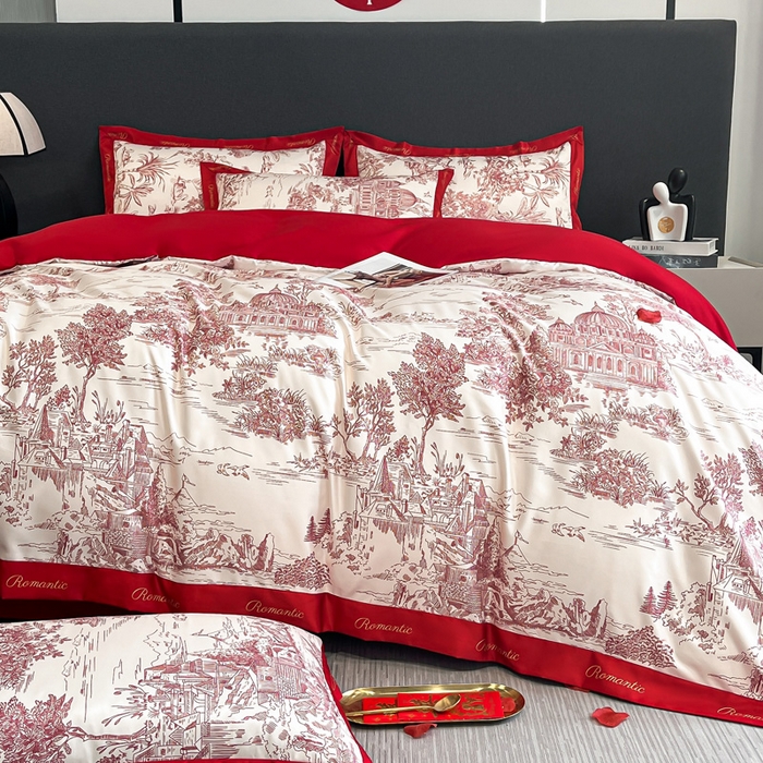 91家纺网 家纺一手货源 找家纺 花愿 2025新款婚庆大版印花四件套 浪漫庄园