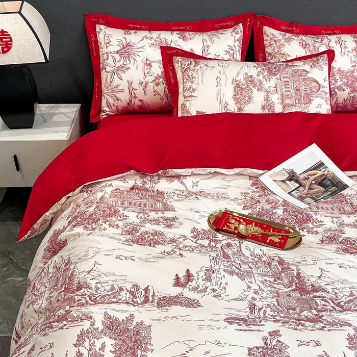 91家纺网 家纺一手货源 找家纺 花愿 2025新款婚庆大版印花四件套 浪漫庄园