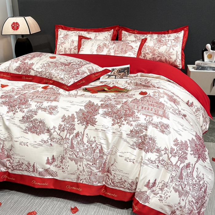 91家纺网 家纺一手货源 找家纺 花愿 2025新款婚庆大版印花四件套 浪漫庄园