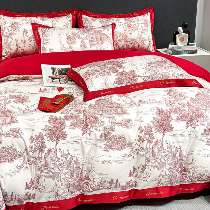 91家纺网 家纺一手货源 找家纺 花愿 2025新款婚庆大版印花四件套 浪漫庄园