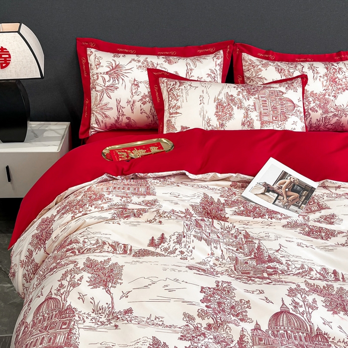 91家纺网 家纺一手货源 找家纺 花愿 2025新款婚庆大版印花四件套 浪漫庄园