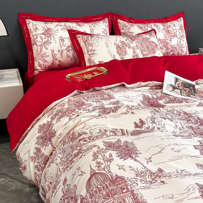 91家纺网 家纺一手货源 找家纺 花愿 2025新款婚庆大版印花四件套 浪漫庄园