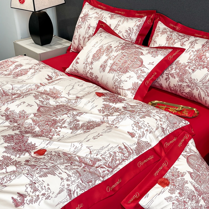 91家纺网 家纺一手货源 找家纺 花愿 2025新款婚庆大版印花四件套 浪漫庄园