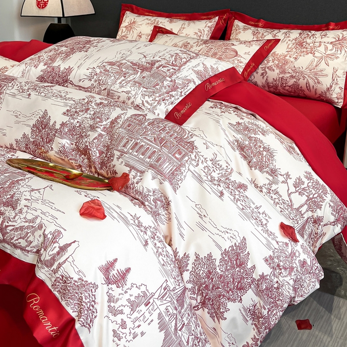 91家纺网 家纺一手货源 找家纺 花愿 2025新款婚庆大版印花四件套 浪漫庄园