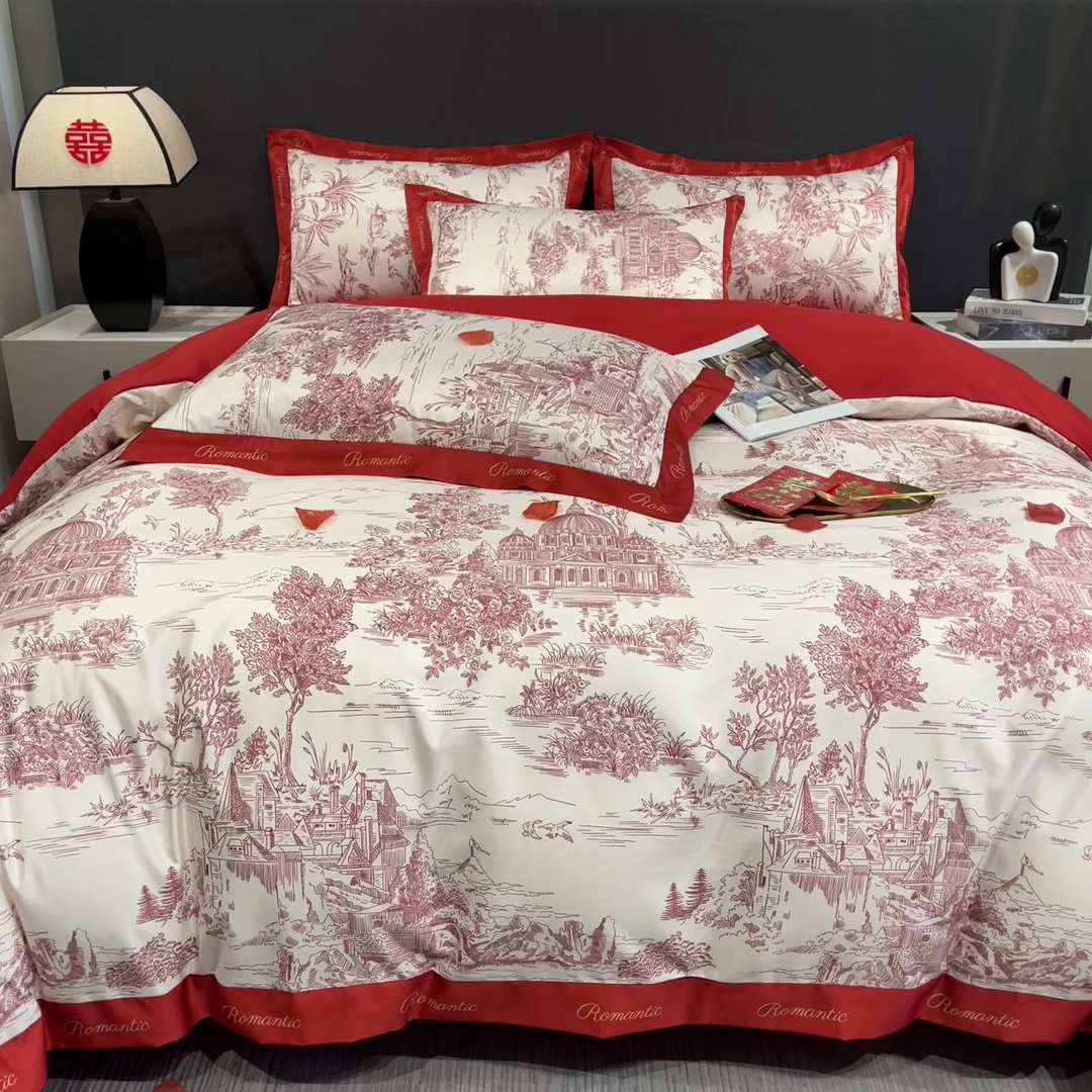 91家纺网 家纺一手货源 找家纺 花愿 2025新款婚庆大版印花四件套 浪漫庄园