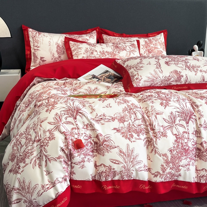 91家纺网 家纺一手货源 找家纺 花愿 2025新款婚庆大版印花四件套 幸福之约