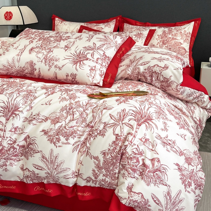 91家纺网 家纺一手货源 找家纺 花愿 2025新款婚庆大版印花四件套 幸福之约