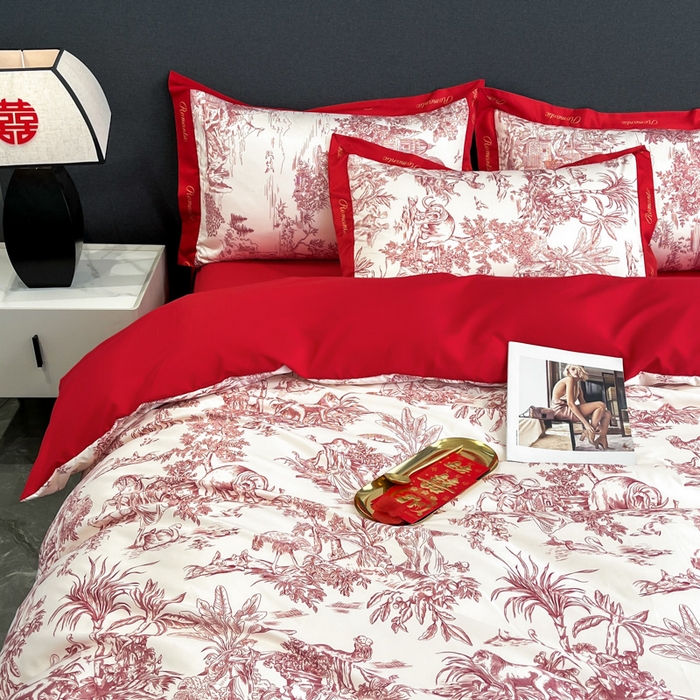 91家纺网 家纺一手货源 找家纺 花愿 2025新款婚庆大版印花四件套 幸福之约