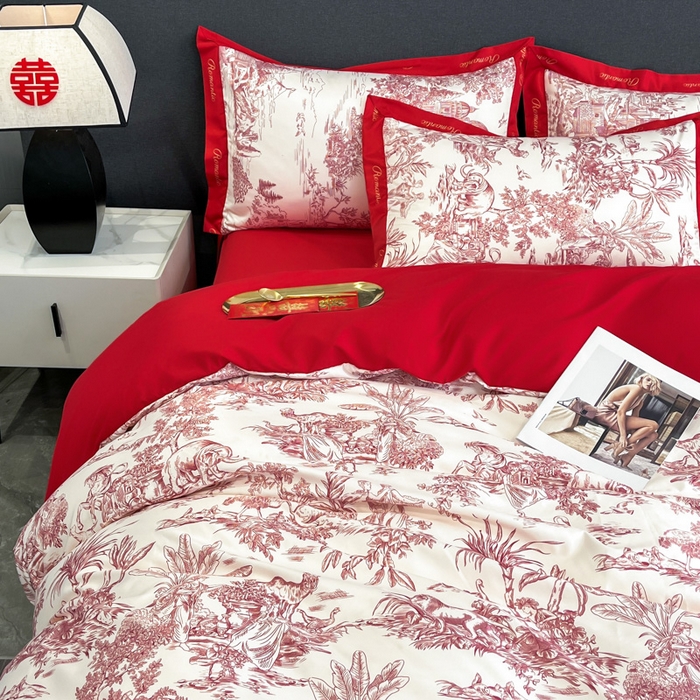 91家纺网 家纺一手货源 找家纺 花愿 2025新款婚庆大版印花四件套 幸福之约