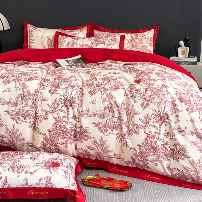 91家纺网 家纺一手货源 找家纺 花愿 2025新款婚庆大版印花四件套 幸福之约