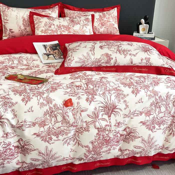 91家纺网 家纺一手货源 找家纺 花愿 2025新款婚庆大版印花四件套 幸福之约