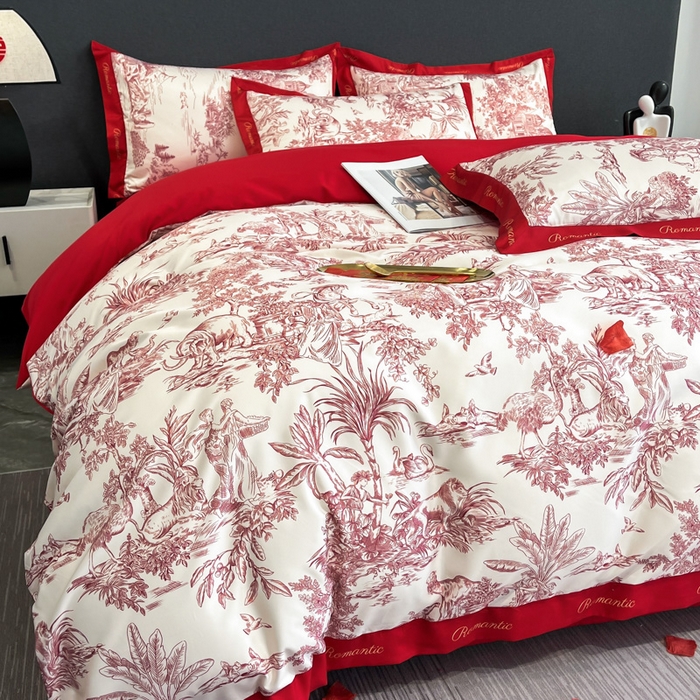 91家纺网 家纺一手货源 找家纺 花愿 2025新款婚庆大版印花四件套 幸福之约