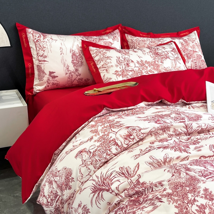 91家纺网 家纺一手货源 找家纺 花愿 2025新款婚庆大版印花四件套 幸福之约