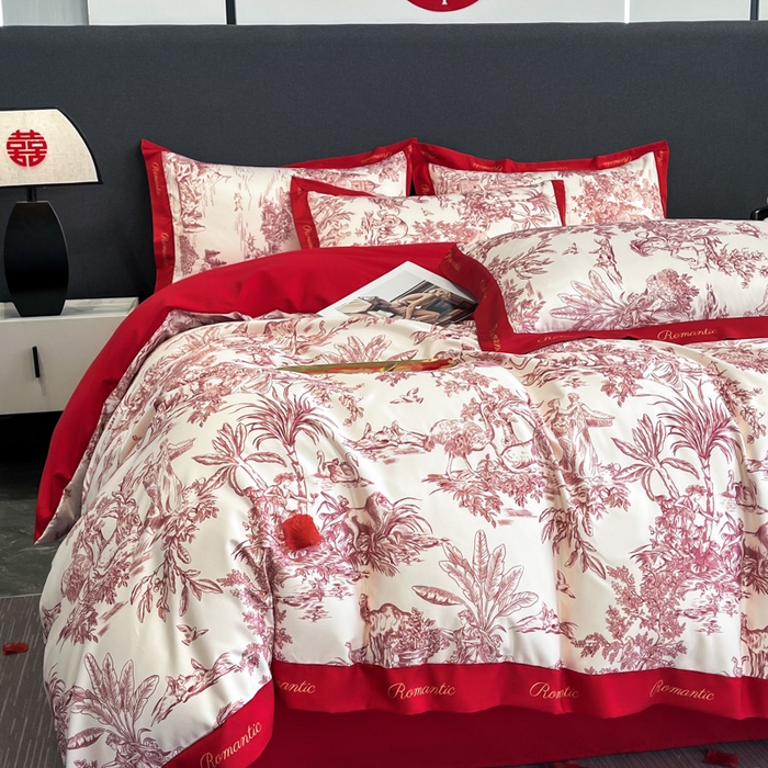 91家纺网 家纺一手货源 找家纺 花愿 2025新款婚庆大版印花四件套 幸福之约