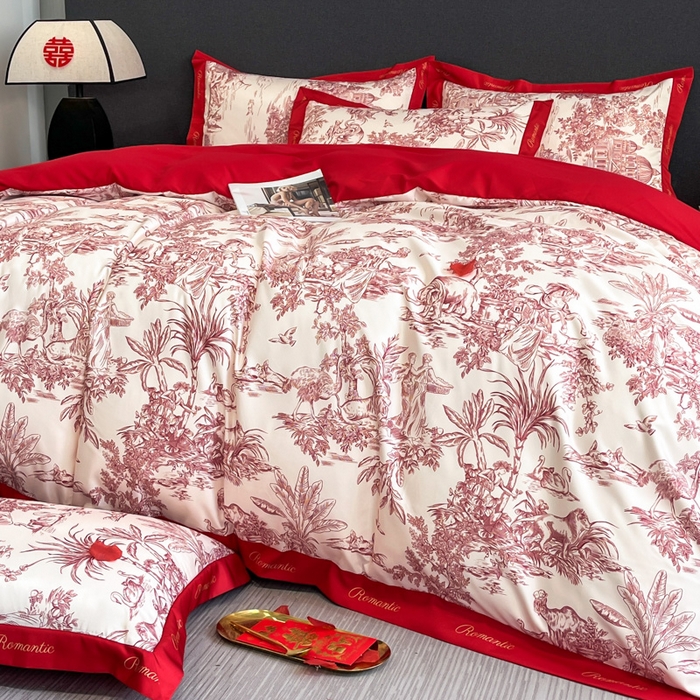 91家纺网 家纺一手货源 找家纺 花愿 2025新款婚庆大版印花四件套 幸福之约