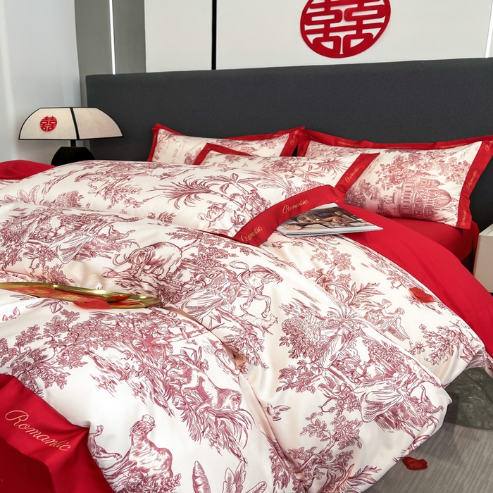 91家纺网 家纺一手货源 找家纺 花愿 2025新款婚庆大版印花四件套 幸福之约