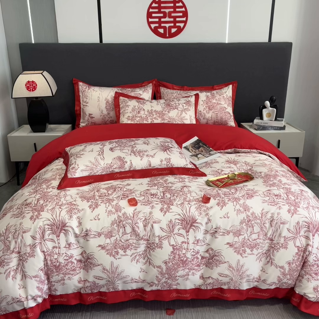 91家纺网 家纺一手货源 找家纺 花愿 2025新款婚庆大版印花四件套 幸福之约