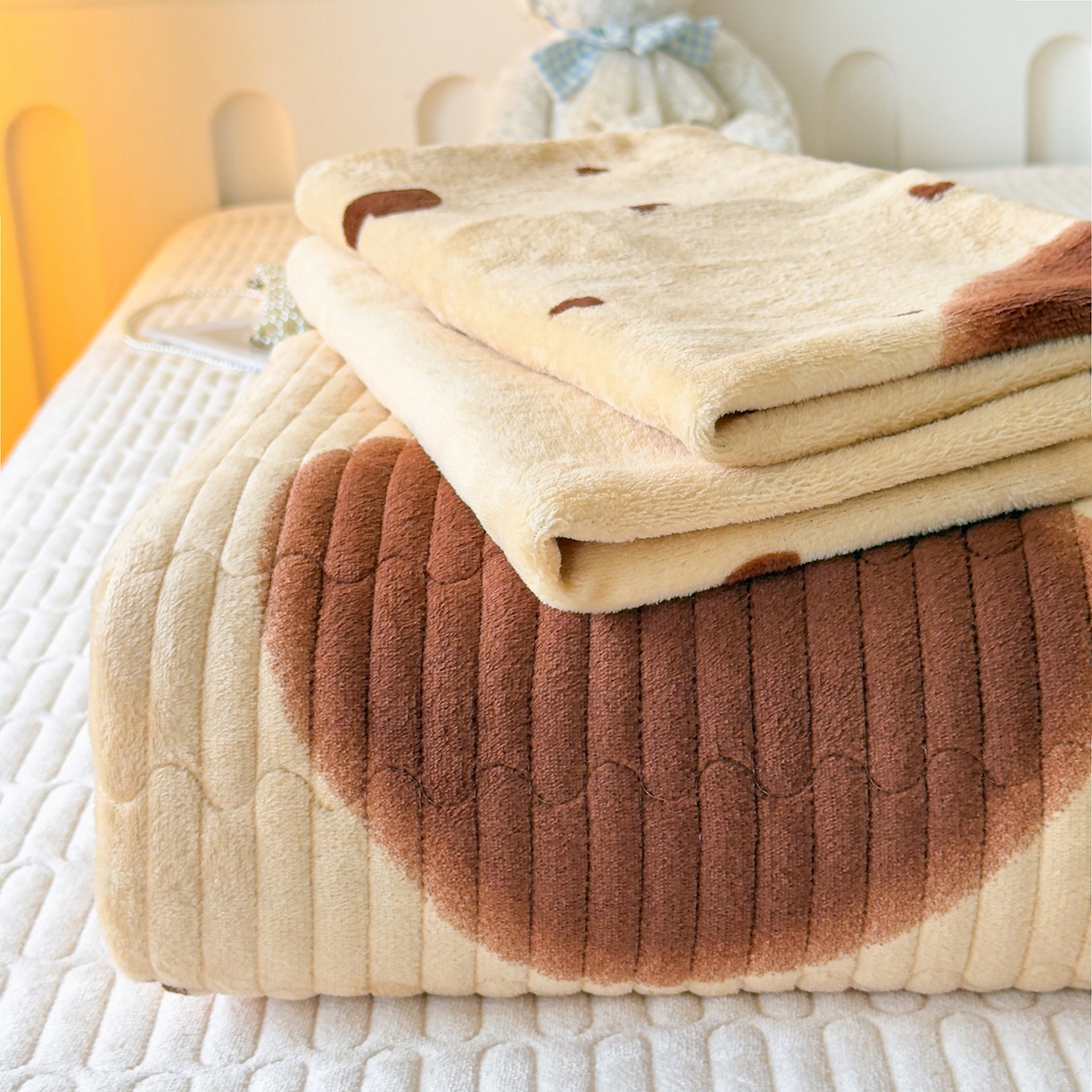 金泰莱 2025新款高克重牛奶绒夹棉印花床盖 爱心满满