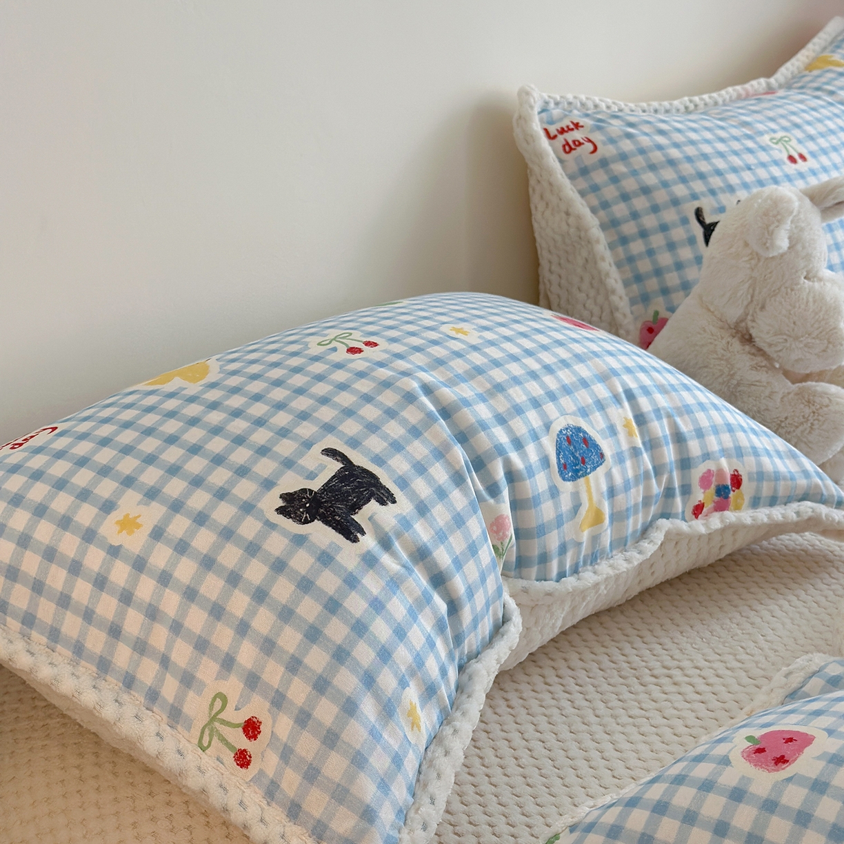 91家纺网 家纺一手货源 找家纺 柚子YOUTH 2025新款全棉双层纱华夫格提花暖绒四件套 兰格蜡笔画