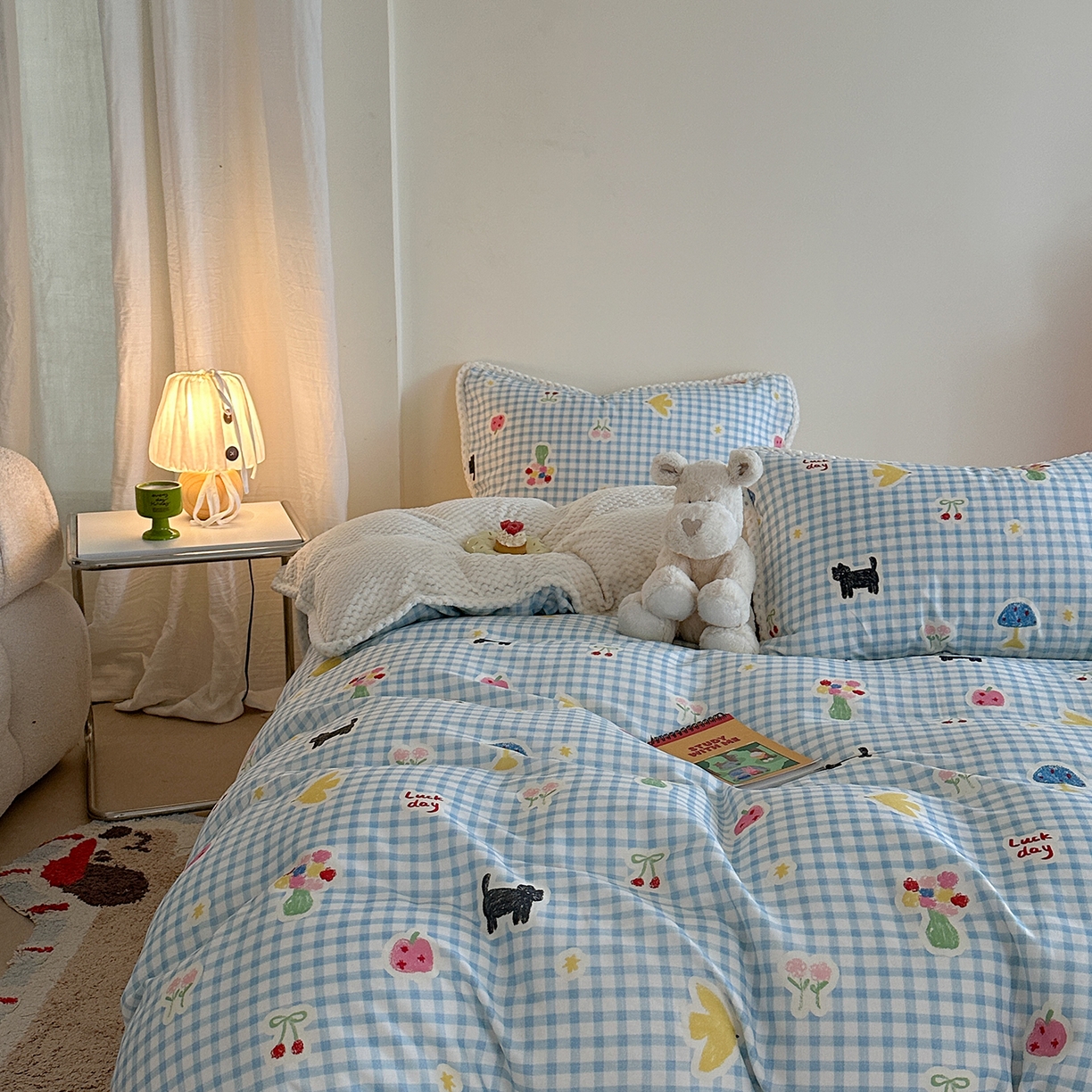 91家纺网 家纺一手货源 找家纺 柚子YOUTH 2025新款全棉双层纱华夫格提花暖绒四件套 兰格蜡笔画