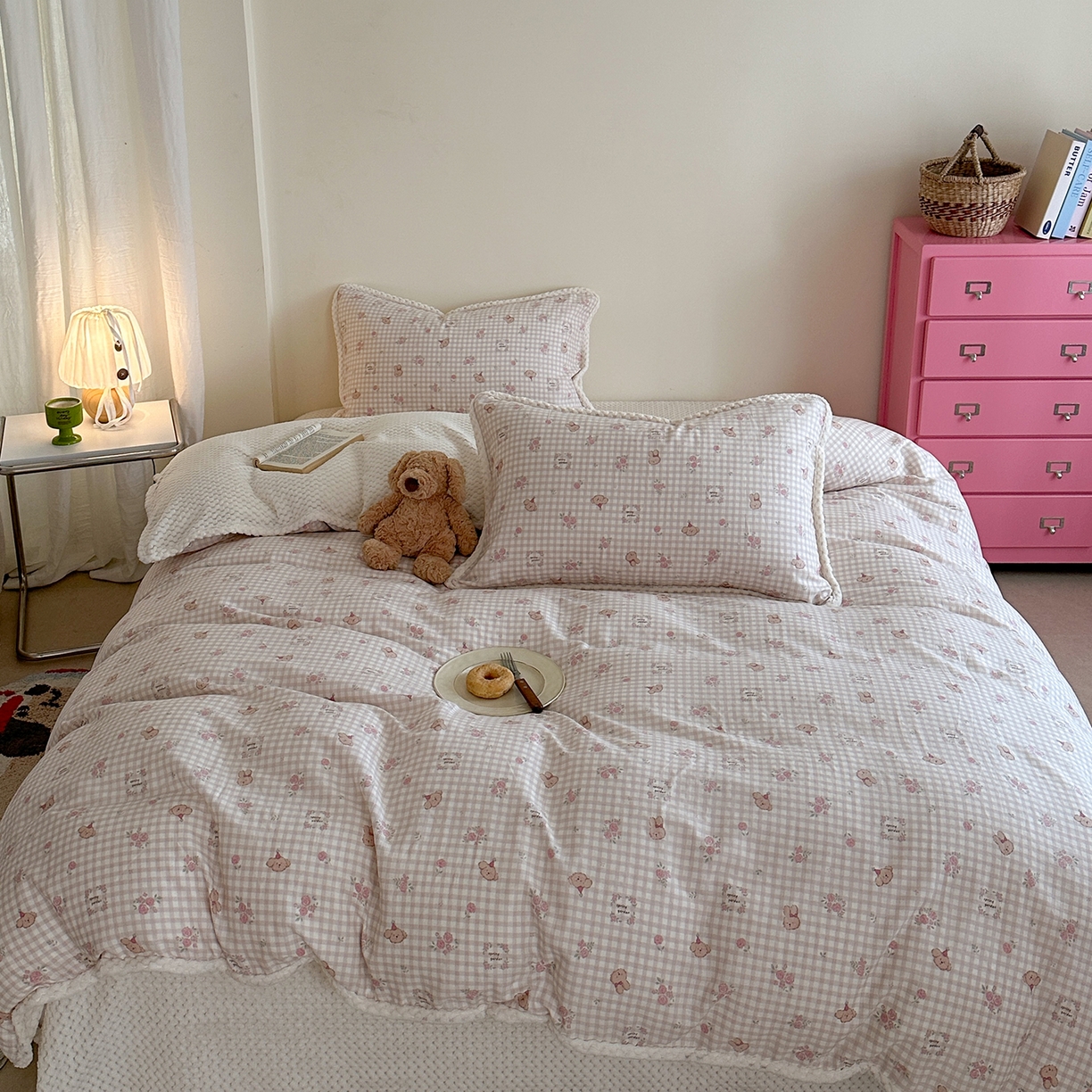 柚子YOUTH 2025新款全棉双层纱华夫格提花暖绒四件套 玫瑰兔兔