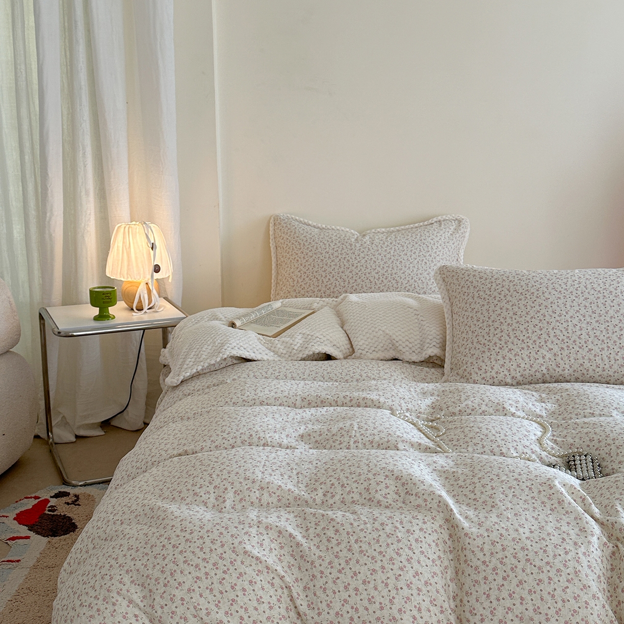 91家纺网 家纺一手货源 找家纺 柚子YOUTH 2025新款全棉双层纱华夫格提花暖绒四件套 馥郁花香