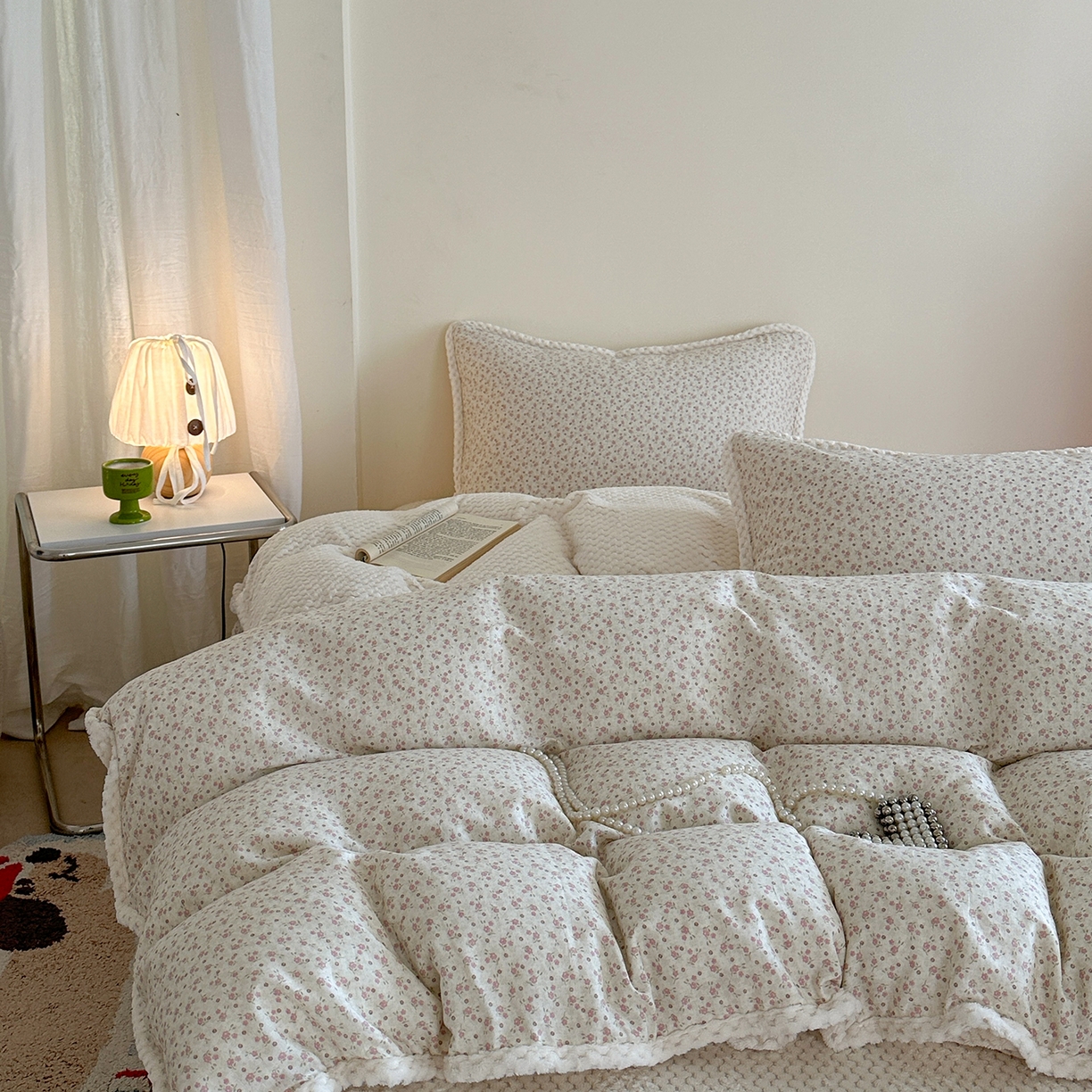 91家纺网 家纺一手货源 找家纺 柚子YOUTH 2025新款全棉双层纱华夫格提花暖绒四件套 馥郁花香