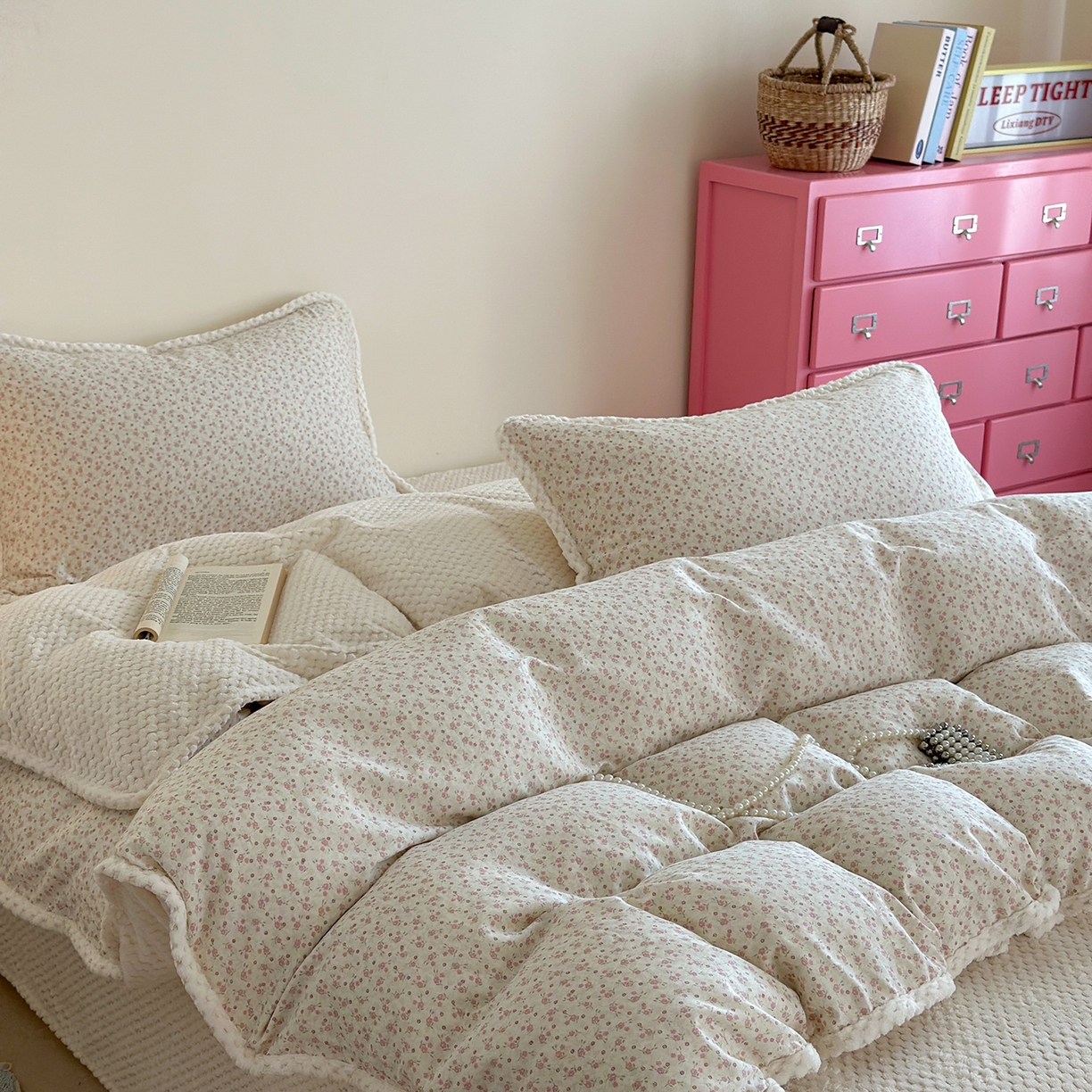 91家纺网 家纺一手货源 找家纺 柚子YOUTH 2025新款全棉双层纱华夫格提花暖绒四件套 馥郁花香