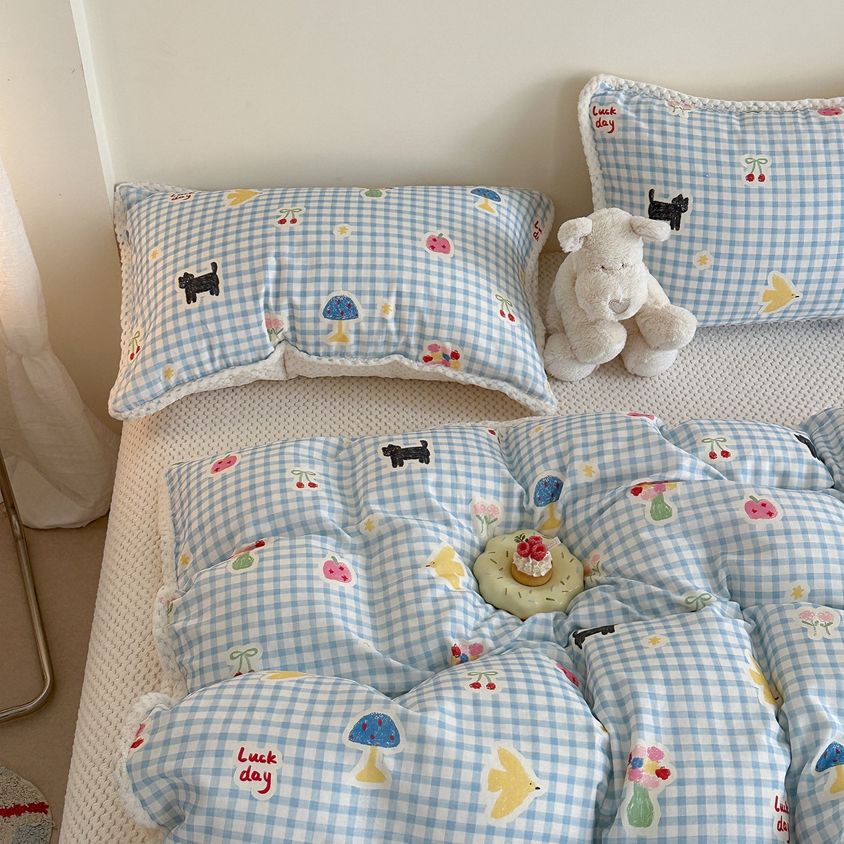 91家纺网 家纺一手货源 找家纺 柚子YOUTH 2025新款全棉双层纱华夫格提花暖绒四件套 兰格蜡笔画