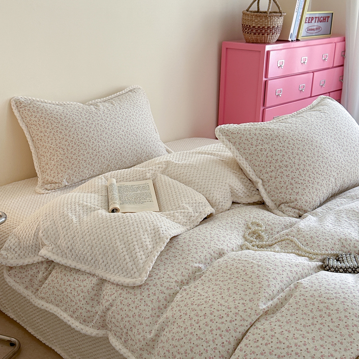 91家纺网 家纺一手货源 找家纺 柚子YOUTH 2025新款全棉双层纱华夫格提花暖绒四件套 馥郁花香