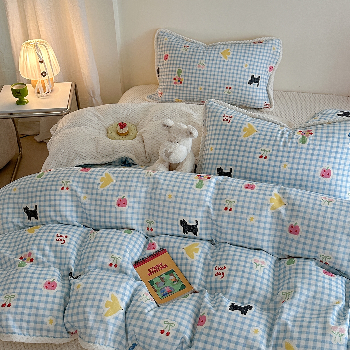 91家纺网 家纺一手货源 找家纺 柚子YOUTH 2025新款全棉双层纱华夫格提花暖绒四件套 兰格蜡笔画