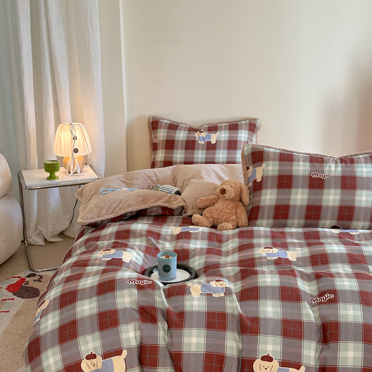 91家纺网 家纺一手货源 找家纺 柚子YOUTH 2025新款全棉双层纱华夫格提花暖绒四件套 ins咖格