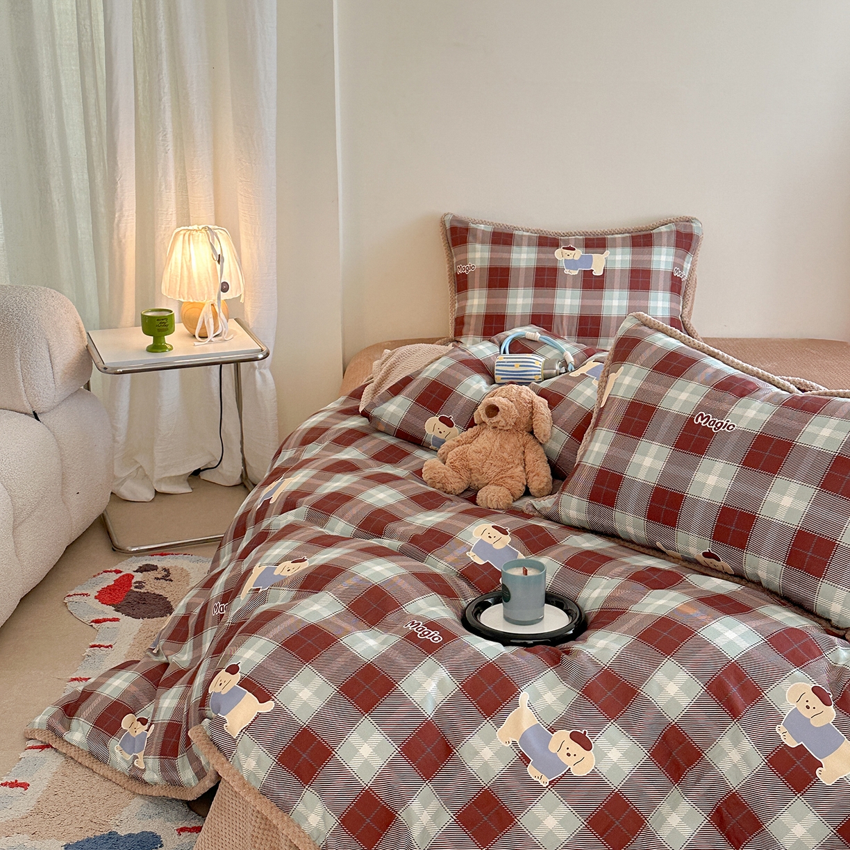 91家纺网 家纺一手货源 找家纺 柚子YOUTH 2025新款全棉双层纱华夫格提花暖绒四件套 ins咖格