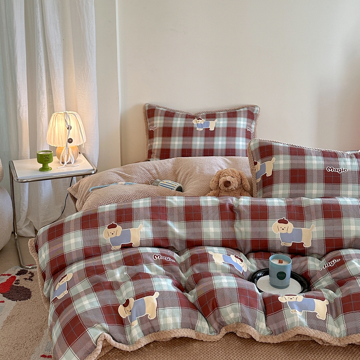 91家纺网 家纺一手货源 找家纺 柚子YOUTH 2025新款全棉双层纱华夫格提花暖绒四件套 ins咖格