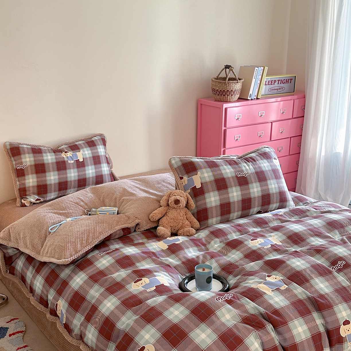 91家纺网 家纺一手货源 找家纺 柚子YOUTH 2025新款全棉双层纱华夫格提花暖绒四件套 ins咖格