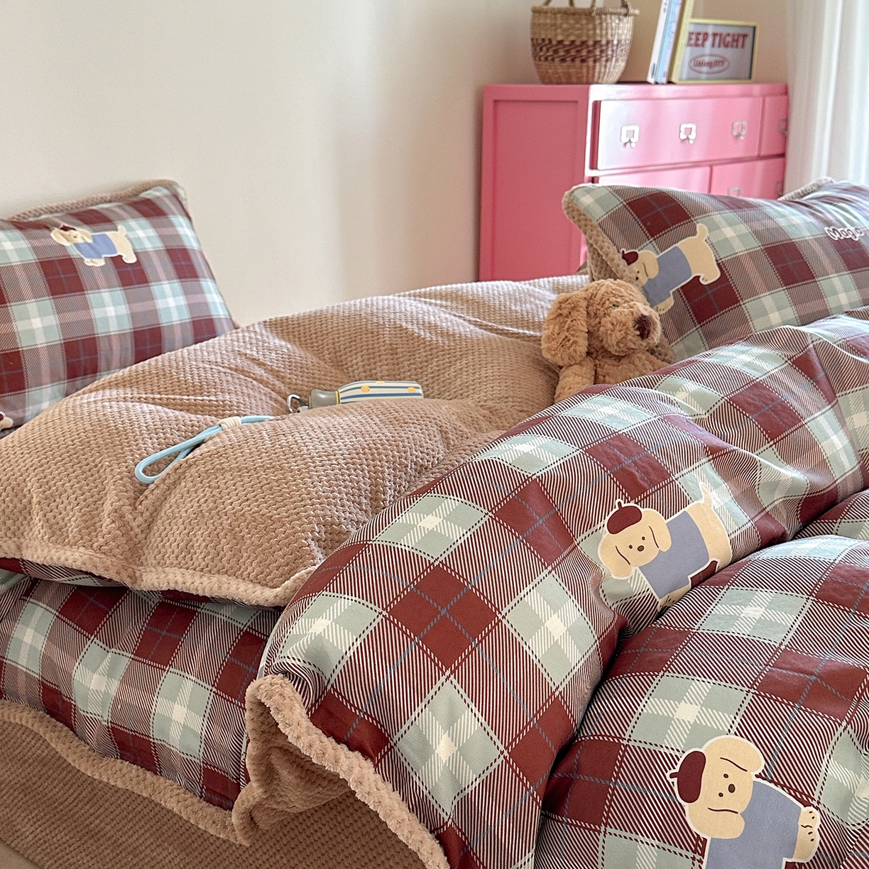 91家纺网 家纺一手货源 找家纺 柚子YOUTH 2025新款全棉双层纱华夫格提花暖绒四件套 ins咖格