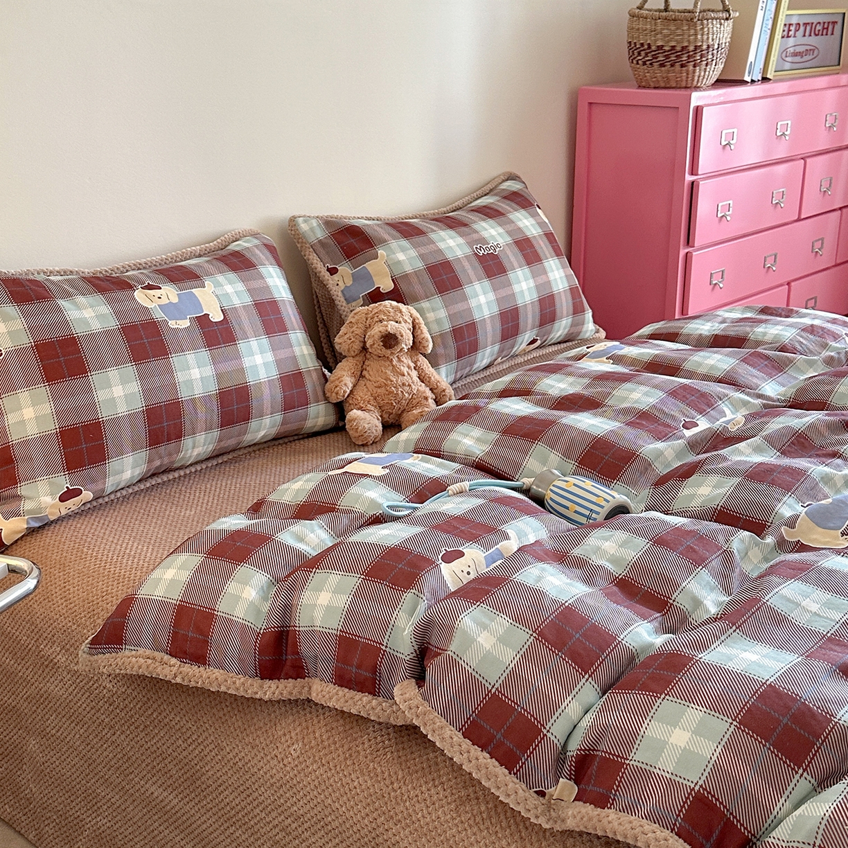 91家纺网 家纺一手货源 找家纺 柚子YOUTH 2025新款全棉双层纱华夫格提花暖绒四件套 ins咖格