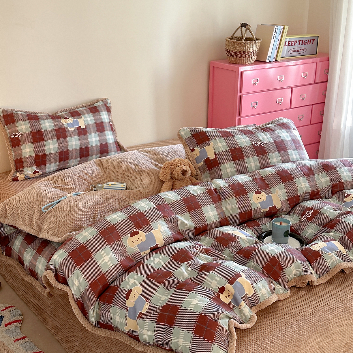 91家纺网 家纺一手货源 找家纺 柚子YOUTH 2025新款全棉双层纱华夫格提花暖绒四件套 ins咖格