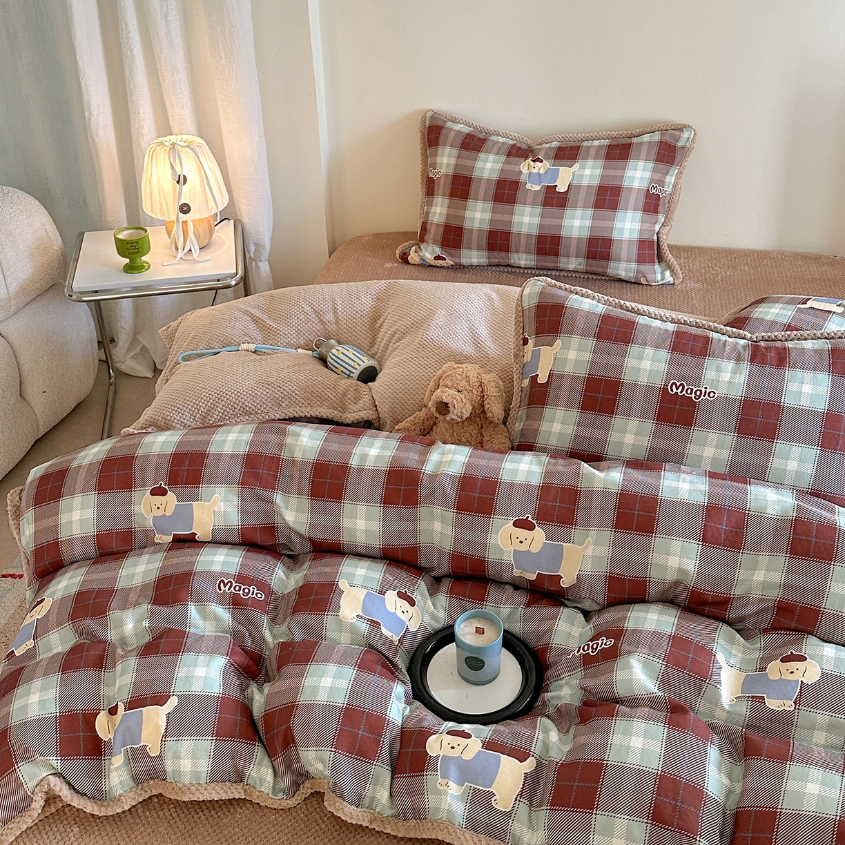 91家纺网 家纺一手货源 找家纺 柚子YOUTH 2025新款全棉双层纱华夫格提花暖绒四件套 ins咖格